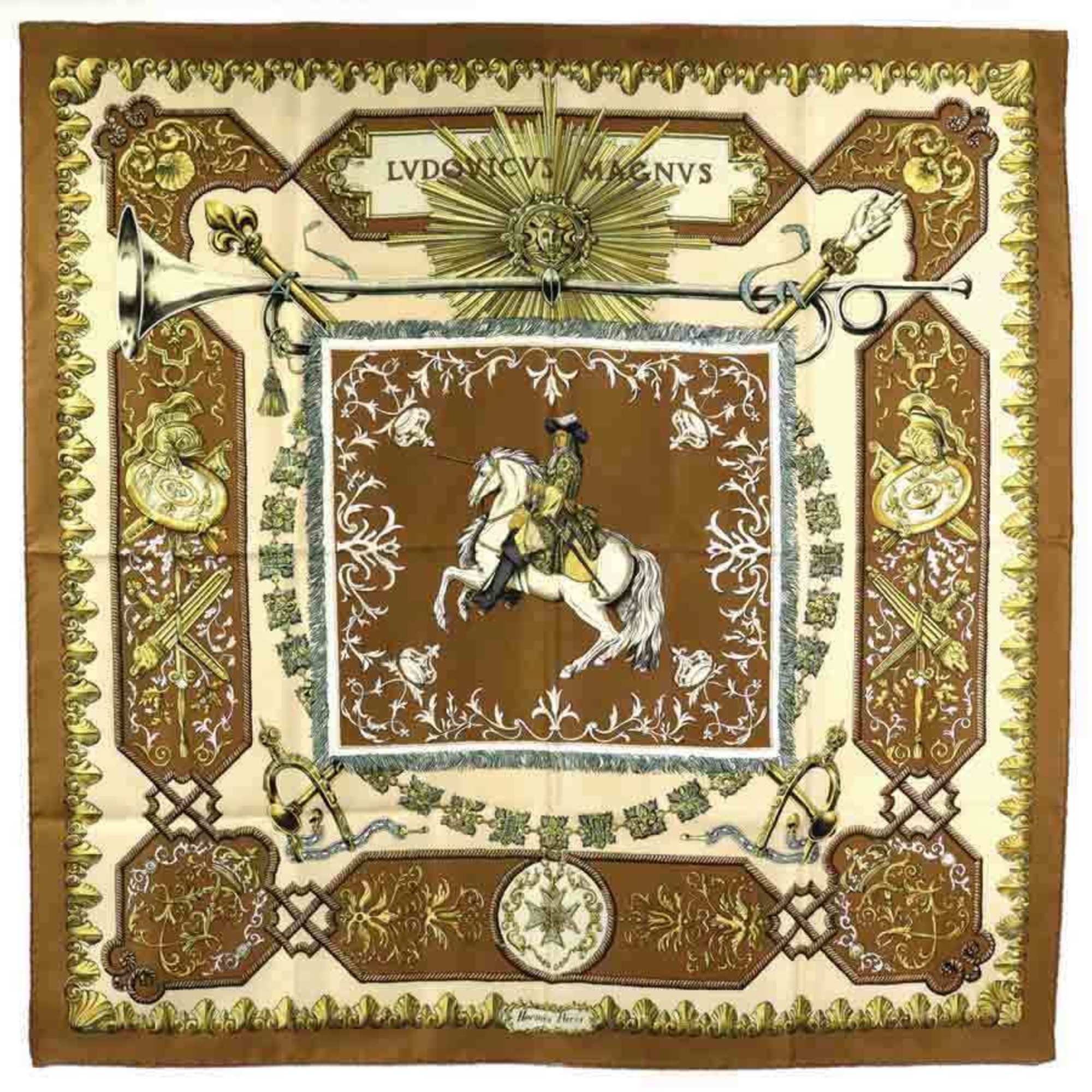 Hermes Scarf Lvdovicvs Magnvs White Horse Louis Xiv Silk Brown Unisex